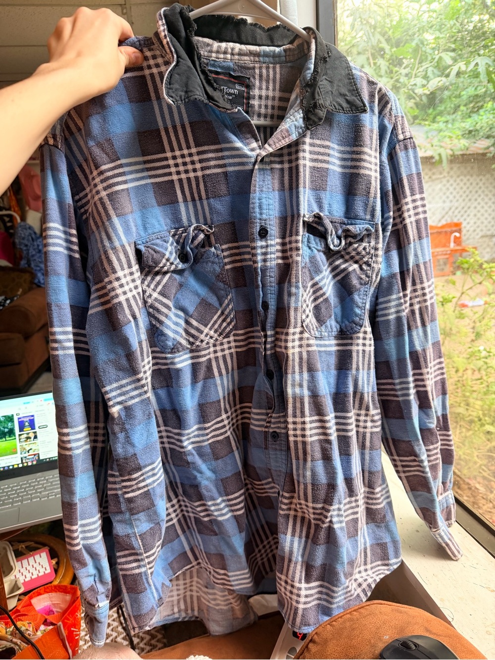 Blue Plaid Flannel Shirt with Black Collar